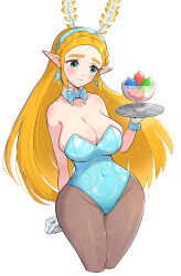 Rule 34 | 1girl, absurdres, alternate costume, blonde hair, blue bow, blue bowtie, blue leotard, blush, bow, bowtie, braid, breasts, brown pantyhose, chalice, cleavage, collarbone, crown braid, cup, detached collar, earrings, embarrassed, fake tail, gem, gloves, gonzarez, green eyes, hairband, highres, holding, jewelry, large breasts, leotard, long hair, looking down, nintendo, pantyhose, playboy bunny, pointy ears, princess zelda, rabbit tail, rupee (zelda), snowflake earrings, sparkle, tail, the legend of zelda, the legend of zelda: tears of the kingdom, tray, waitress, white background, white gloves, wide hips, wrist cuffs