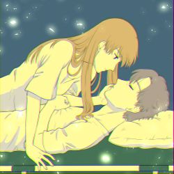Rule 34 | 1boy, 1girl, age difference, aida kensuke, blue eyes, brown hair, closed eyes, comic, evangelion: 3.0+1.0 thrice upon a time, face-to-face, floor, girl on top, hand on another&#039;s face, long hair, looking at another, lying, masago ksb, neon genesis evangelion, night, pillow, rebuild of evangelion, sleeping, souryuu asuka langley