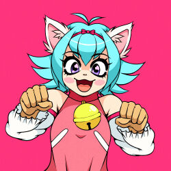 Rule 34 | 1girl, :3, animal ear fluff, animal ears, animal nose, bell, blue hair, blush stickers, bow, brown gloves, cat ears, commentary, cryptidhermit, detached sleeves, dress, english commentary, eyelashes, fingernails, gloves, hair bow, highres, jingle bell, looking at viewer, magical girl, neck bell, nhk ni youkoso!, open mouth, pink background, pink dress, purple eyes, pururin (nhk), red bow, sharp fingernails, simple background, solo