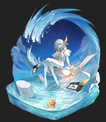 Rule 34 | 1girl, absurdly long hair, absurdres, alchemy stars, bare shoulders, black background, blue eyes, bow, breasts, caustics, chloe (alchemy stars), cleavage, cloud, detached sleeves, dress, flying, grey hair, hair bow, hair intakes, hairband, hand on own chest, highres, jiujiu zao feiji, long hair, looking at viewer, outdoors, pillar, rubber duck, short dress, small breasts, smile, solo, staff, strapless, strapless dress, very long hair, water, waves, white dress
