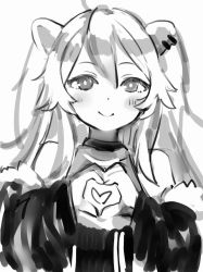 Rule 34 | 1girl, :d, ;d, animal ears, animated, blush stickers, choker, earrings, fang, greyscale, hands up, heart, heart hands, highres, hololive, jacket, jewelry, lion ears, long hair, long sleeves, monochrome, nanashi (nlo), off shoulder, one eye closed, open clothes, open jacket, open mouth, shishiro botan, shishiro botan (1st costume), simple background, skin fang, smile, solo, star (symbol), upper body, video, virtual youtuber, white background, winking (animated)