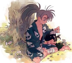 Rule 34 | 1boy, 1girl, age difference, bandages, barefoot, black hair, child, closed eyes, dororo (character), dororo (tezuka), edmhhhnh, flower, grey hair, hyakkimaru (dororo), indian style, japanese clothes, looking at another, messy hair, ponytail, sitting, sleeping, sleeping on person