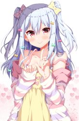 Rule 34 | 1boy, alternate costume, bare shoulders, black eyes, blue bow, blush, bow, closed mouth, collarbone, comiket 97, commentary request, dress, fang, gradient eyes, green bow, grey hair, hair between eyes, hair bow, hands up, head tilt, heart, heart background, highres, index finger raised, inuyama tamaki, jacket, long hair, long sleeves, looking at viewer, male focus, multicolored eyes, noripro, off shoulder, official art, open clothes, open jacket, pink bow, pink jacket, pocket, polka dot, polka dot bow, purple bow, red eyes, sidelocks, skin fang, sleeveless, sleeveless dress, smile, solo, spaghetti strap, strap slip, striped, trap, tsukudani norio, tsukudani norio channel, two side up, upper body, virtual youtuber, white background, white jacket, yellow bow, yellow dress, yellow eyes