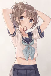 Rule 34 | 1girl, arms up, black sailor collar, black skirt, blue neckerchief, blush, brown hair, closed mouth, collarbone, commentary request, hair tie, hair tie in mouth, high ponytail, highres, looking at viewer, midriff, minasenagi, mouth hold, neckerchief, original, pleated skirt, ponytail, purple eyes, sailor collar, school uniform, serafuku, shirt, short sleeves, skirt, solo, sweat, tying hair, white shirt