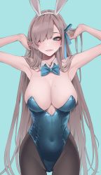Rule 34 | 1girl, absurdres, animal ears, arms up, asuna (blue archive), asuna (bunny) (blue archive), black pantyhose, blue archive, blue background, blue bow, blue bowtie, blue eyes, blue leotard, blue ribbon, bow, bowtie, breasts, brown hair, detached collar, fake animal ears, hair over one eye, hair ribbon, hands in hair, highres, koh (minagi kou), large breasts, leotard, long hair, mole, mole on breast, pantyhose, parted lips, playboy bunny, rabbit ears, ribbon, simple background, solo, traditional bowtie, very long hair