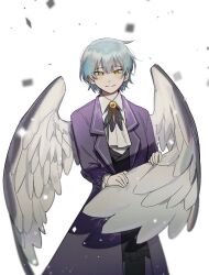 Rule 34 | 1girl, angel wings, angela (project moon), ascot, black vest, blue coat, blue hair, closed mouth, coat, highres, library of ruina, lobpoint 72, long sleeves, project moon, short hair, smile, solo, source request, vest, white ascot, white wings, wing collar, wings