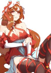 Rule 34 | 1girl, bare shoulders, black thighhighs, breasts, character name, cleavage, commentary request, detached sleeves, dress, grin, halterneck, highres, leg ribbon, long hair, long sleeves, looking at viewer, medium breasts, orange hair, red dress, red eyes, red ribbon, revision, ribbon, sitting, smile, solo, still in love (umamusume), thighhighs, uki kumo, umamusume, very long hair, white headwear