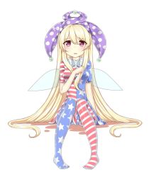 Rule 34 | 1girl, american flag dress, american flag legwear, american flag shirt, bad id, bad twitter id, blonde hair, blush, cheunes, clownpiece, fairy wings, full body, hat, highres, jester cap, long hair, looking at viewer, open mouth, pantyhose, print pantyhose, purple eyes, short sleeves, simple background, sitting, solo, star (symbol), striped, tears, touhou, very long hair, white background, wings