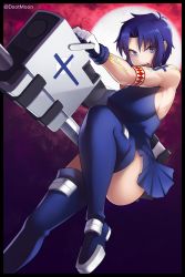Rule 34 | 1girl, absurdres, bare arms, bare shoulders, blue dress, blue eyes, blue gloves, blue hair, blue legwear, bodypaint, breasts, ciel (tsukihime), dootmoon, dress, frown, gloves, highres, holding, holding weapon, knee up, melty blood, moon, parted bangs, pile bunker, seventh holy scripture, short dress, short hair, sleeveless, tattoo, tsukihime, weapon