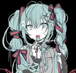 Rule 34 | 1girl, bare shoulders, black background, black bow, bow, bridal gauntlets, candy, commentary, food, green eyes, green hair, grey shirt, hair between eyes, hair bow, hair ornament, hands up, hatsune miku, holding, holding candy, holding food, holding lollipop, kuroi (liar-player), lollipop, long hair, looking at viewer, shirt, simple background, sketch, sleeveless, sleeveless shirt, solo, tongue, tongue out, twintails, twitter username, upper body, very long hair, vocaloid, x hair ornament