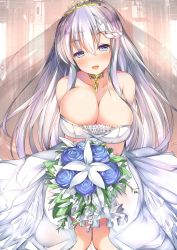 Rule 34 | 1girl, azur lane, bare shoulders, belfast (azur lane), belfast (the pledge of claddagh) (azur lane), belfast (the pledge of claddagh) (azur lane), blue eyes, blush, bouquet, braid, breasts, bridal veil, bride, chain, cleavage, collar, collarbone, dress, female focus, flower, highres, large breasts, long hair, mutou mame, open mouth, silver hair, smile, solo, strapless, strapless dress, tiara, veil, wedding dress, white dress
