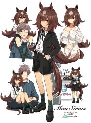 1girl aged_down animal_ears black_footwear black_jacket black_shorts blue_vest bow breasts brown_hair closed_eyes closed_mouth collarbone commentary_request ear_ornament food hair_between_eyes hands_in_pockets highres horse_ears horse_girl horse_tail ice_cream ido_(teketeke) jacket long_hair long_sleeves looking_at_viewer multicolored_hair multiple_views naked_shirt red_eyes shirt shorts simple_background sirius_symboli_(umamusume) sitting sitting_on_lap sitting_on_person smile strap streaked_hair tail thighhighs tongue tongue_out trainer_(umamusume) translated umamusume very_long_hair vest white_hair white_shirt white_streaks