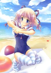 Rule 34 | 1girl, absurdres, ball, beach, beachball, blue eyes, day, feet, highres, izumi tsubasu, no shoes, one-piece swimsuit, pink hair, school swimsuit, solo, striped clothes, striped thighhighs, swimsuit, swimsuit under clothes, thighhighs, toes, undressing