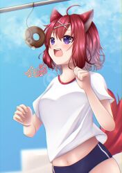 Rule 34 | 1girl, :d, absurdres, amairo islenauts, animal ears, blue buruma, blue sky, blush, buruma, chocolate doughnut, clenched hands, colored eyelashes, commentary request, cowboy shot, day, doughnut, fang, food, gym uniform, hair between eyes, hair ornament, hands up, happy, highres, lens flare, looking at food, making-of available, masaki gaillard, medium hair, n rinkoro, navel, open mouth, outdoors, purple eyes, red hair, shirt, short sleeves, signature, sky, smile, solo, sports festival, tail, teeth, tsurime, upper teeth only, white shirt, wolf ears, wolf girl, wolf tail, x hair ornament
