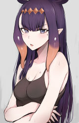 Rule 34 | 1girl, absurdres, black shirt, breasts, cleavage, crossed arms, grey eyes, highres, hololive, hololive english, long hair, looking at viewer, mole, mole under eye, ninomae ina&#039;nis, pointy ears, purple hair, sak1 01, shirt, sleeveless, sleeveless shirt, small breasts, solo, tentacle hair, very long hair, virtual youtuber