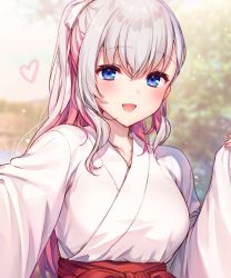 Rule 34 | 1girl, avatar 2.0 project, blue eyes, blush, breasts, collarbone, heart, highres, japanese clothes, komeshiro kasu, large breasts, long hair, looking at viewer, miko, multicolored hair, musubime yui, open mouth, pink hair, silver hair, smile, solo, streaked hair, upper body, virtual youtuber