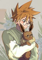 Rule 34 | 1boy, bespectacled, black-framed eyewear, blue oak, blush, brown eyes, brown hair, closed mouth, commentary, creatures (company), eevee, game freak, gen 1 pokemon, glasses, green sweater, highres, holding, holding pokemon, long sleeves, male focus, mei (manjunii), nintendo, pokemon, pokemon (creature), pokemon rgby, ribbed sweater, round eyewear, short hair, spiked hair, sweater, upper body