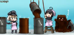Rule 34 | &gt; &lt;, 10s, 3girls, ahoge, barrel, bismarck (kancolle), black hair, brown hair, chocolate, chocolate making, comic, drum (container), closed eyes, hamu koutarou, hat, headwear request, kantai collection, long hair, mikazuki (kancolle), multiple girls, peaked cap, sparkle, tone (kancolle), translation request, twintails