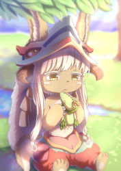Rule 34 | 1girl, absurdres, animal ears, bad id, bad pixiv id, blue sky, blurry, blurry background, closed mouth, commentary request, day, depth of field, furry, furry female, grass, hat, highres, holding, holding stuffed toy, horns, long hair, made in abyss, multicolored pants, nanachi (made in abyss), on grass, outdoors, pants, puffy pants, ray (pixiv9514208), sitting, sky, solo, stuffed animal, stuffed toy, tail, very long hair, whiskers, white hair, yellow eyes
