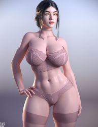 Rule 34 | 1girl, 3d, abs, absurdres, bra, breasts, choker, hand on own hip, highres, large breasts, original, panties, rude frog, solo, standing, tagme, thighhighs, underwear