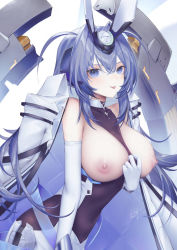 Rule 34 | 1girl, azur lane, bare shoulders, bodystocking, breasts, breasts out, clothes pull, dmith, elbow gloves, gloves, hair between eyes, headgear, highres, large breasts, long hair, looking at viewer, new jersey (azur lane), nipples, purple eyes, purple hair, rigging, signature, simple background, smile, solo, taut clothes, tongue, tongue out, upper body, very long hair, white background, white gloves