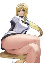 Rule 34 | 1girl, ashiomi masato, ass, bare legs, black panties, blonde hair, blue eyes, breasts, dress, fingerless gloves, gloves, guilty gear, guilty gear x, guilty gear xx, headband, highres, crossed legs, long hair, looking at viewer, millia rage, panties, simple background, sitting, solo, thick thighs, thighs, twitter username, underwear, very long hair, white background