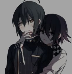 Rule 34 | 2boys, ahoge, black hair, black jacket, blood, blood on hands, blush, breast pocket, brown eyes, buttons, checkered clothes, checkered neckwear, checkered scarf, commentary request, danganronpa (series), danganronpa v3: killing harmony, double-breasted, grey background, grey jacket, hair between eyes, hand up, hug, hug from behind, jacket, licking lips, long sleeves, looking at viewer, lowres, male focus, multiple boys, oma kokichi, pocket, qiao xing, saihara shuichi, scarf, short hair, simple background, smile, striped clothes, striped jacket, sweatdrop, tongue, tongue out, upper body