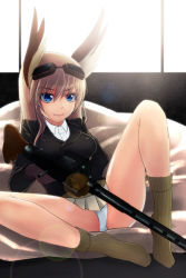 Rule 34 | 1girl, blonde hair, blue eyes, blush, brown gloves, collared shirt, gloves, goggles, goggles on head, gun, hanna-justina marseille, head wings, highres, holding, holding weapon, jacket, lens flare, liar lawyer, lips, long hair, long sleeves, machine gun, military, military uniform, miniskirt, panties, pleated skirt, rifle, shirt, sitting, skirt, socks, solo, spread legs, strike witches, underwear, uniform, upskirt, weapon, weapon request, white panties, window, wings, world witches series