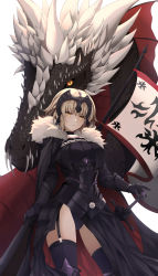 Rule 34 | 1girl, armor, armored dress, banner, black capelet, black dress, black panties, black thighhighs, blonde hair, blunt bangs, breasts, capelet, chain, chinchilla (ynfy4577), dragon, dress, fate/grand order, fate (series), garter straps, gauntlets, headpiece, highres, horns, jeanne d&#039;arc (fate), jeanne d&#039;arc alter (avenger) (fate), jeanne d&#039;arc alter (fate), large breasts, looking at viewer, monster, panties, pantyshot, scales, sharp teeth, sheath, sheathed, short hair, simple background, solo, sword, teeth, thighhighs, underwear, v-shaped eyebrows, weapon, white background, yellow eyes