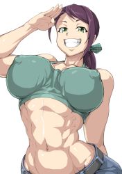 Rule 34 | 1girl, abs, bare shoulders, breasts, covered erect nipples, crop top, green eyes, idolmaster, idolmaster cinderella girls, impossible clothes, large breasts, muscular, muscular female, navel, ouka (oukakaka), ponytail, purple hair, salute, sharp teeth, simple background, solo, standing, stomach, teeth, toned, white background, yamato aki