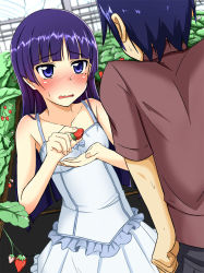 Rule 34 | 1boy, 1girl, bare shoulders, black hair, blue eyes, blunt bangs, blurry, blush, brown shirt, cla (torinabe), clenched hand, collarbone, cupping hand, depth of field, dress, dutch angle, embarrassed, food, fruit, gokou ruri, highres, holding, holding food, kousaka kyousuke, long hair, looking at another, maroon shirt, mole, mole under eye, motion lines, nose blush, ore no imouto ga konna ni kawaii wake ga nai, parted lips, plant, purple hair, revision, shirt, short sleeves, spaghetti strap, strawberry, sweatdrop, wavy mouth