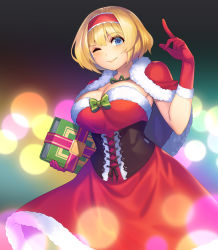 Rule 34 | 1girl, alice margatroid, arm up, blonde hair, blue eyes, blush, box, breasts, cleavage, closed mouth, corset, gift, gift box, gloves, hairband, highres, holding, holding gift, index finger raised, large breasts, lips, looking at viewer, one eye closed, red gloves, santa costume, short hair, smile, solo, tarmo, touhou
