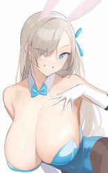 Rule 34 | 1girl, absurdres, alternate breast size, animal ears, asuna (blue archive), asuna (bunny) (blue archive), bare shoulders, blue archive, blue bow, blue bowtie, blue eyes, blue leotard, blue ribbon, bow, bowtie, breasts, brown eyes, cleavage, extra ears, eyes visible through hair, fake animal ears, gloves, grin, hair over one eye, hair ribbon, hairband, hand on own chest, highres, huge breasts, leotard, looking at viewer, milim nova, mole, mole on breast, pantyhose, playboy bunny, rabbit ears, rabbit tail, ribbon, simple background, smile, solo, strapless, strapless leotard, tail, white background, white gloves, white hairband, wrist cuffs