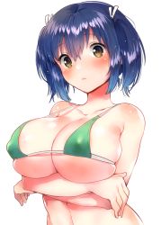 Rule 34 | 1girl, bikini, blue hair, blush, breast hold, breasts, brown eyes, collarbone, crossed arms, fingernails, green bikini, hair between eyes, huge breasts, ichihaya, kantai collection, parted lips, short hair, simple background, solo, souryuu (kancolle), swimsuit, twintails, white background