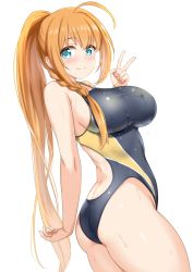Rule 34 | 1girl, ahoge, aqua eyes, ass, bare arms, bare shoulders, black one-piece swimsuit, blush, braid, breasts, closed mouth, competition swimsuit, dutch angle, from side, highres, impossible clothes, impossible swimsuit, kibihimi, large breasts, looking at viewer, looking to the side, one-piece swimsuit, orange hair, pecorine (princess connect!), ponytail, princess connect!, side braid, sidelocks, simple background, smile, solo, split mouth, swimsuit, thighs, v, water drop, wet, white background