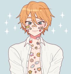 Rule 34 | 1boy, bandaid, bandaid on face, bandaid on nose, blonde hair, blue eyes, collared shirt, emma (kumaema), highres, looking at viewer, open clothes, open shirt, original, shirt, short hair, smile, solo, sparkle, sticker, twitter username, upper body, white shirt