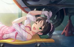 Rule 34 | clothing cutout, creeper (tool), dirty, dirty face, gloves, green eyes, harada miyo, idolmaster, idolmaster cinderella girls, idolmaster cinderella girls starlight stage, jack stand, light beam, light rays, lying, motor vehicle, official art, on back, one eye closed, overalls, pink overalls, ponytail, scrunchie, shirt, shoulder cutout, smile, sunbeam, sunlight, tire, wheel, white gloves, white shirt, wrench