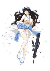 Rule 34 | 1girl, absurdres, ankle ribbon, assault rifle, black hair, blue flower, blunt bangs, blush, bo li wei ling, breasts, brown eyes, bullet, bullpup, covering privates, covering breasts, covering nipples, dress, exploding clothes, flower, full body, garter straps, girls&#039; frontline, gun, hair flower, hair ornament, hairband, headband, high heels, highres, lace, lace-trimmed legwear, lace trim, large breasts, leg ribbon, long hair, looking at viewer, mole, mole under eye, no bra, parted lips, qbz-95, ribbon, rifle, shoes, simple background, solo, star (symbol), thighhighs, topless, torn clothes, torn dress, torn thighhighs, type 95 (girls&#039; frontline), weapon, white background, white footwear, white hairband, white ribbon, white thighhighs, yellow eyes