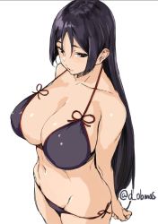 Rule 34 | 1girl, arms behind back, bikini, black eyes, black hair, blush, breasts, cleavage, collarbone, cowboy shot, fate/grand order, fate (series), from above, from side, hip focus, large breasts, long hair, minamoto no raikou (fate), navel, obmas, original, parted bangs, pink lips, shiny skin, sidelocks, simple background, skindentation, solo, standing, stomach, string bikini, swimsuit, thighs, twitter username, very long hair, white background