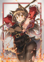 Rule 34 | 1girl, animal ears, arknights, armpits, belt, black jacket, black pantyhose, blush, breasts, brown eyes, brown hair, buttons, cat ears, cat tail, collared shirt, fire, floating hair, hair between eyes, highres, holding, holding staff, jacket, jewelry, long hair, looking at viewer, magic, necktie, off shoulder, pantyhose, pleated skirt, seozo, shirt, skirt, skyfire (arknights), solo, staff, striped clothes, striped necktie, striped neckwear, tail, thighband pantyhose, torn clothes, vertical-striped clothes, vertical-striped necktie, white shirt, wide sleeves, wind