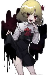 Rule 34 | 1girl, absurdres, ascot, black skirt, black vest, blonde hair, commentary, empty eyes, finger to mouth, frills, highres, long sleeves, medium hair, nail polish, open mouth, orange eyes, parted bangs, red ascot, red nails, ringed eyes, rumia, sabapi oo, sharp teeth, shirt, skirt, skirt hold, sleeve cuffs, smile, solo, teeth, touhou, vest, white shirt