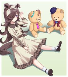 Rule 34 | 1girl, animal ears, ankle socks, border, bow, brown bow, brown dress, brown footwear, brown hair, claw pose, closed mouth, coma (light825), commentary request, dress, frilled dress, frills, full body, green background, hair over one eye, hair ribbon, hat, highres, horse ears, horse girl, horse tail, long hair, long sleeves, looking at viewer, mary janes, mihono bourbon (umamusume), mini hat, necktie, pink necktie, purple eyes, red bow, ribbon, rice shower (umamusume), shoes, sitting, socks, solo, stuffed animal, stuffed toy, tail, teddy bear, umamusume, white border, white socks