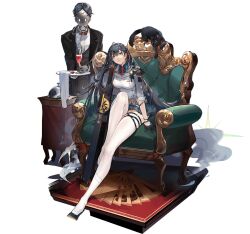 Rule 34 | 1girl, black hair, butler, cat, chair, lin (tower of fantasy), long hair, official art, on chair, sitting, tachi-e, thighhighs, tower of fantasy, transparent background