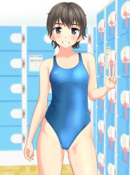 Rule 34 | 1girl, absurdres, black hair, blue eyes, blue one-piece swimsuit, blurry, breasts, commentary request, competition swimsuit, contrapposto, cowboy shot, depth of field, grin, highres, locker, locker room, looking at viewer, one-piece swimsuit, original, short hair, small breasts, smile, solo, speedo (company), standing, swimsuit, takafumi, v