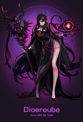 Rule 34 | 1girl, bare hips, black hair, black nails, breasts, choker, cleavage, collar, detached collar, dress, dungeon and fighter, full body, gradient background, hair ornament, hella p, high heels, highres, jewelry, large breasts, long hair, magic, nail polish, purple background, red eyes, solo, staff, standing, very long hair, wizard, zealous dieuleve