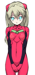 Rule 34 | 1girl, alternate hair color, blonde hair, blue eyes, bodysuit, breasts, covered navel, covering privates, covering crotch, cowboy shot, frown, gloves, hair between eyes, headgear, light brown hair, long hair, looking at viewer, neon genesis evangelion, nishieda, no pupils, own hands together, plugsuit, red hair, silver hair, simple background, small breasts, solo, souryuu asuka langley, standing, turtleneck, v arms, white background