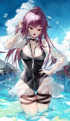 Rule 34 | 1girl, absurdres, between breasts, black one-piece swimsuit, blue sky, braid, breasts, collarbone, competition swimsuit, feet out of frame, girls&#039; frontline, hand in own hair, hand on own hip, highres, light blush, long hair, looking at viewer, medium breasts, ocean, official alternate costume, on water, one-piece swimsuit, open mouth, ponytail, priest77, purple hair, red eyes, sidelocks, sky, solo, standing, swimsuit, wa2000 (girls&#039; frontline), wa2000 (op. manta ray) (girls&#039; frontline), water, water drop, wet, wet clothes, wet swimsuit