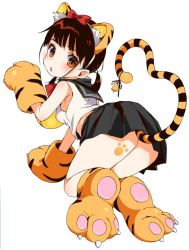 Rule 34 | 1girl, all fours, animal ears, animal hands, arm up, ass, bell, black skirt, bow, brown eyes, brown hair, fake animal ears, from behind, gloves, hair bow, hairband, jingle bell, kuromoto-kun (rina masimaro), looking back, midriff, open mouth, original, paw gloves, paw pose, paw shoes, ribbon, shirt, shoes, short hair, short twintails, simple background, skirt, sleeveless, sleeveless shirt, solo, tail, tail ornament, thighs, tiger ears, tiger tail, twintails, white background, white shirt