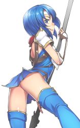 Rule 34 | 1girl, armor, armored dress, ass, blue eyes, blue hair, blue thighhighs, blush, catria (fire emblem), commentary request, elbow gloves, fingerless gloves, fire emblem, fire emblem: mystery of the emblem, gloves, h kasei, headband, looking at viewer, looking back, nintendo, no panties, pegasus knight uniform (fire emblem), polearm, short hair, simple background, smile, solo, thighhighs, weapon, white background