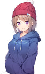 Rule 34 | 1girl, absurdres, beanie, blue hoodie, blush, bobblehat, brown hair, closed mouth, commentary request, drawstring, french flag, hands in pocket, hands in pockets, hat, highres, hood, hood down, hoodie, long sleeves, looking at viewer, original, purple eyes, red hat, short hair, simple background, smile, solo, sora from france, swept bangs, teeth, upper body, upper teeth only, white background